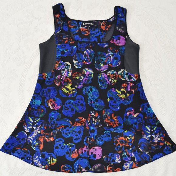 Spoon Jeans Sugar Skull High Low Peplum Tank Top Blouse Neon Colors Blue Black M - Picture 4 of 14
